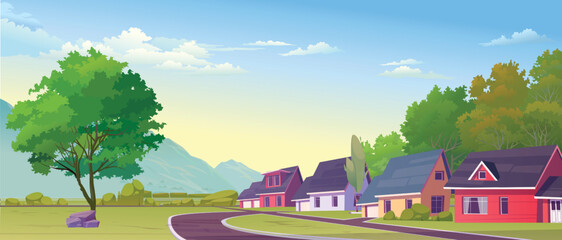 Road panorama over a street Vector illustration of summer street in cartoon style. village style houses nature beautiful place of village