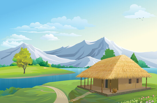 Illustration of an outdoor in the jungle and natural. village house at the river bank mountains and river Indian village rural