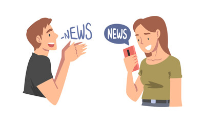 Man and Woman Character Gathering News Scrolling Newsfeed on Smartphone and Talking Vector Set