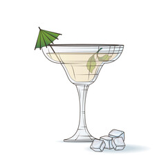 Vector illustration of margarita cocktail in glass with decorative umbrella, ice and mint. Hand-drawn illustration with sketch elements for card design, poster, banner, decoration of menu, bar.