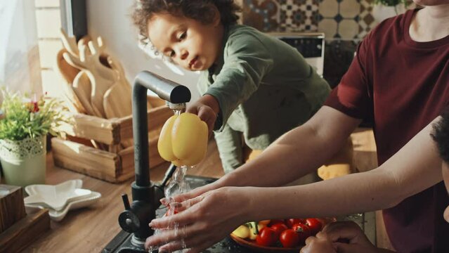 Tilting up slow motion of young Caucasian mother of two cute little Black boys rinsing fresh veggies, standing by sink in kitchen in house at daytime