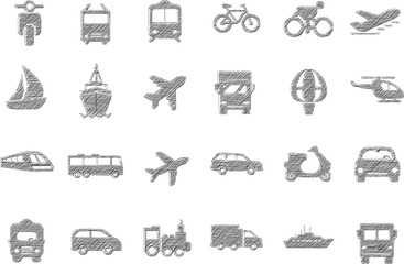 Transportation symbol sketch drawing set