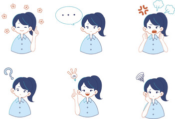 シャツを着た女性のいろいろな表情のイラストセット