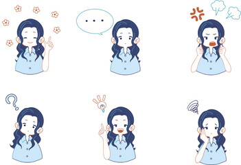 シャツを着た女性のいろいろな表情のイラストセット