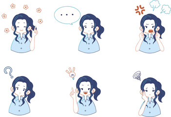 シャツを着た女性のいろいろな表情のイラストセット