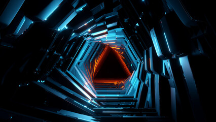 Abstract 3D illustration inside a blue room with blue neon.