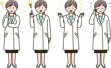 白衣を着た女性の表情バリエーションのイラストセット②（肌色ありバージョン）