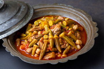 Bamya, Turkish traditional food. (Turkish cuisine) Homemade Food Okra in Plate. Organic Food.