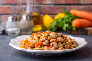 Traditional delicious Turkish food; Kidney beans with olive oil, Red kidney bean stew, Turkish name; Barbunya pilaki