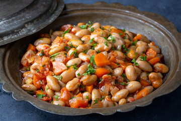 Traditional delicious Turkish food; Kidney beans with olive oil, Red kidney bean stew, Turkish name; Barbunya pilaki
