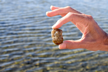 Man holds a natural stone with his fingers on the background of the sea. Blurred background.