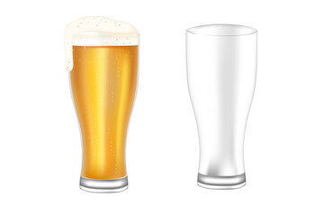 Two beer glass empty and filled with beer transparent glassware vector illustration isolated on white background