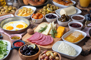 Traditional delicious Turkish breakfast, food concept photo.