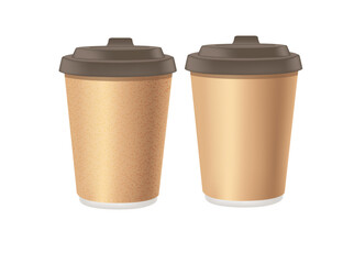 Disposable brown paper coffee cup with plastic drinking lids vector illustration isolated on white background