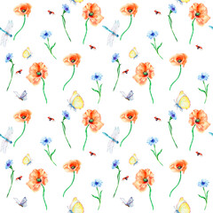 Summer floral field with dragonfly and butterfly watercolor seamless pattern on white.