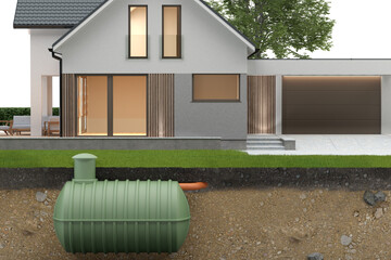 Undenground septic tank and house with clipping of ground - obrazy, fototapety, plakaty