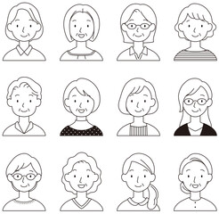 中年女性　顔　アイコン　セット