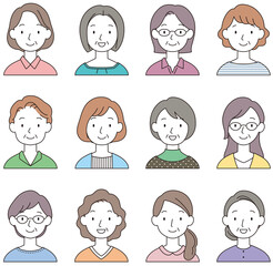 中年女性　顔　アイコン　セット