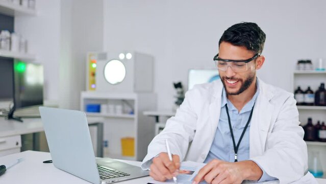 Cheerful, happy and excited scientist celebrating success after getting good news or positive feedback. Healthcare worker getting FDA approval, feeling like a winner and making a medical breakthrough