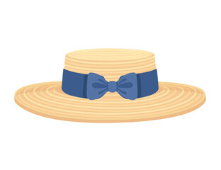 Summer straw hat with blue ribbon and bow vector illustration isolated on white background