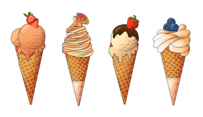 Vector set of illustrations of ice-cream in waffle cone with fruits. For design packaging, decoration of banner, poster, cover, card. Summer holidays, hot weather concept.