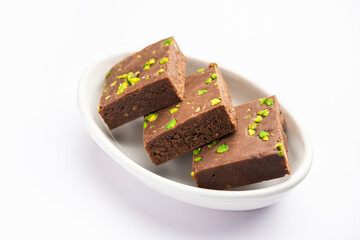 chocolate barfi or choco burfi cake, a tweak to indian dessert or sweet for festivals