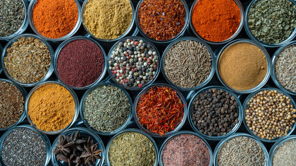Assortment of aromatic spices, seeds and dry herbs for cooking food