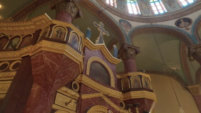 Looking Up At Decorated Balcony Inside St George's Church In Old Cairo. Tilt Down