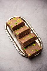 chocolate barfi or choco burfi cake, a tweak to indian dessert or sweet for festivals