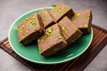 chocolate barfi or choco burfi cake, a tweak to indian dessert or sweet for festivals