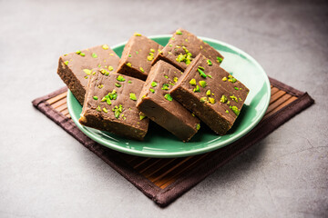 chocolate barfi or choco burfi cake, a tweak to indian dessert or sweet for festivals