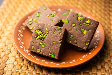 chocolate barfi or choco burfi cake, a tweak to indian dessert or sweet for festivals