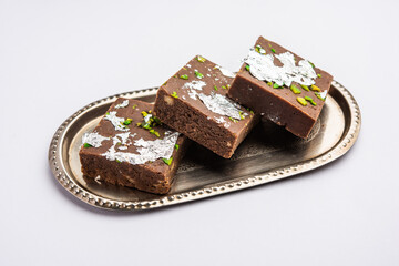 chocolate barfi or choco burfi cake, a tweak to indian dessert or sweet for festivals