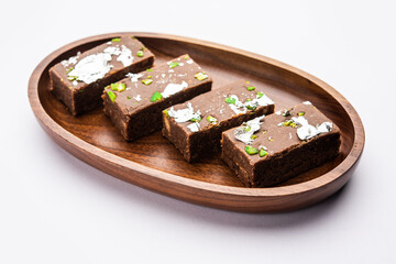 chocolate barfi or choco burfi cake, a tweak to indian dessert or sweet for festivals