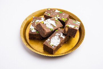 chocolate barfi or choco burfi cake, a tweak to indian dessert or sweet for festivals