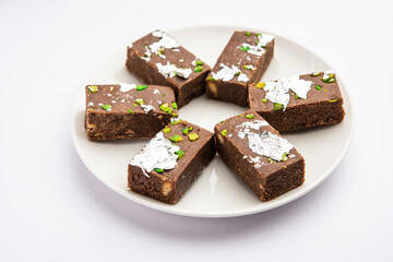 chocolate barfi or choco burfi cake, a tweak to indian dessert or sweet for festivals