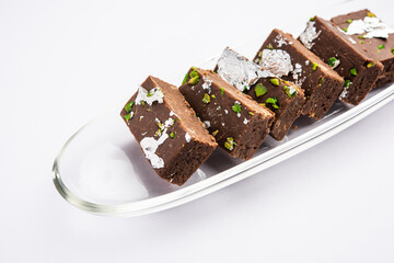 chocolate barfi or choco burfi cake, a tweak to indian dessert or sweet for festivals