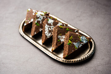 chocolate barfi or choco burfi cake, a tweak to indian dessert or sweet for festivals