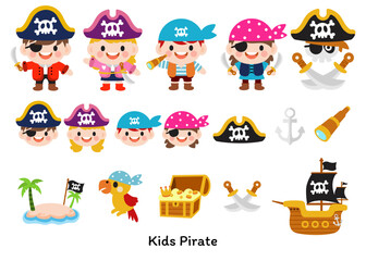Fototapeta premium Kids pirate captain and sailor characters, Flat Clipart