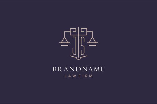 Initial letter JS logo with scale of justice logo design, luxury legal logo geometric style