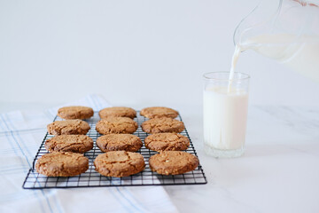 Delicious homemade cookies on a drying rack and a glass of milk
