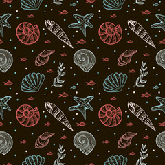 Seamless pattern, hand-drawn sea creatures in sketch style. Shells and seaweed. Black background. Isolated. Summer. Ocean. Flat design. Vector illustration.