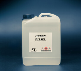 Biofuel in chemical lab in glass bottle Green Diesel