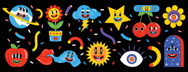 Cartoon abstract groovy comic funny emoji characters. Funny cartoon characters in trendy retro style. Earth, flower, cloud, patch, rainbow, berry, apple, wind, lip, sun, night, abstract faces etc.