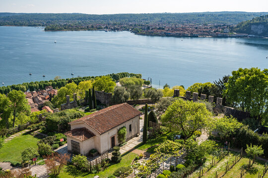 The gardens of the Rocca di Angera and the Lake Maggiore viewed from the tower, Angera, Lombardy, Italy