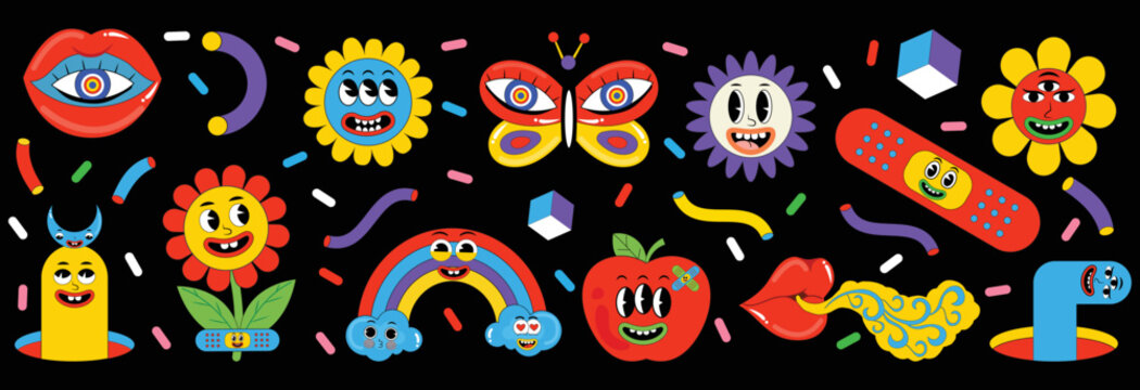 Funny cartoon characters in trendy retro style. Butterfly, flower, rainbow, cloud, patch, apple, wind, lip, monster, abstract faces etc.