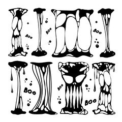 A set for working with blobs. Doodle style drawn elements. Black splashes of slime, stretching slime, toxic dripping slime. Slime splatter and droplets, liquid borders. Isolated vector shapes.