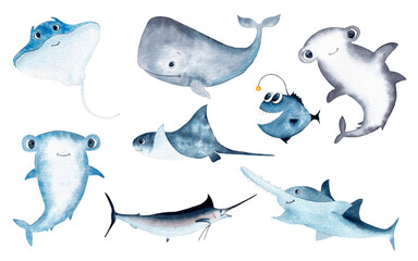 Fototapeta premium Watercolor set of hand-drawn marine illustrations. Marine clip art. Ocean, sea inhabitant.