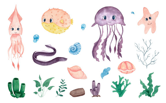Watercolor set of marine animals and flora isolated on a white background.