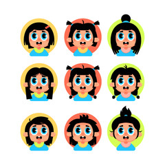 Set of adorable cartoon girl rounded avatar